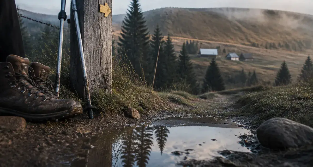 Vosges tourisme randonnée : chaussures dans la boue près d’une flèche sur la crête