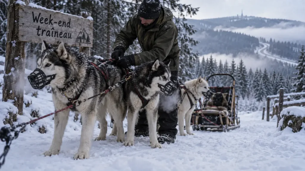 Week end chien de traineau Vosges : chiens dans la neige, musher ajuste le harnais