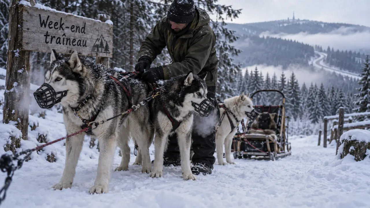 Week end chien de traineau Vosges : chiens dans la neige, musher ajuste le harnais