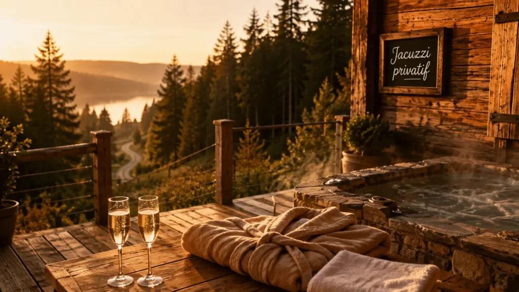Week end en amoureux avec jacuzzi privatif vosges : terrasse chalet et jacuzzi fumant