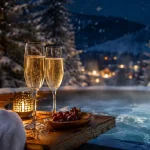 Week end en amoureux Vosges jacuzzi : deux verres de champagne près du jacuzzi extérieur, sapins et neige