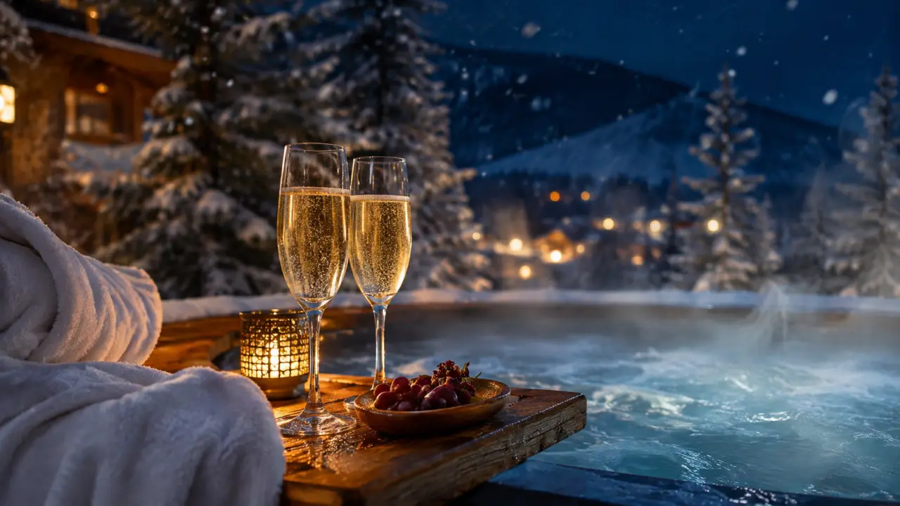 Week end en amoureux Vosges jacuzzi : deux verres de champagne près du jacuzzi extérieur, sapins et neige