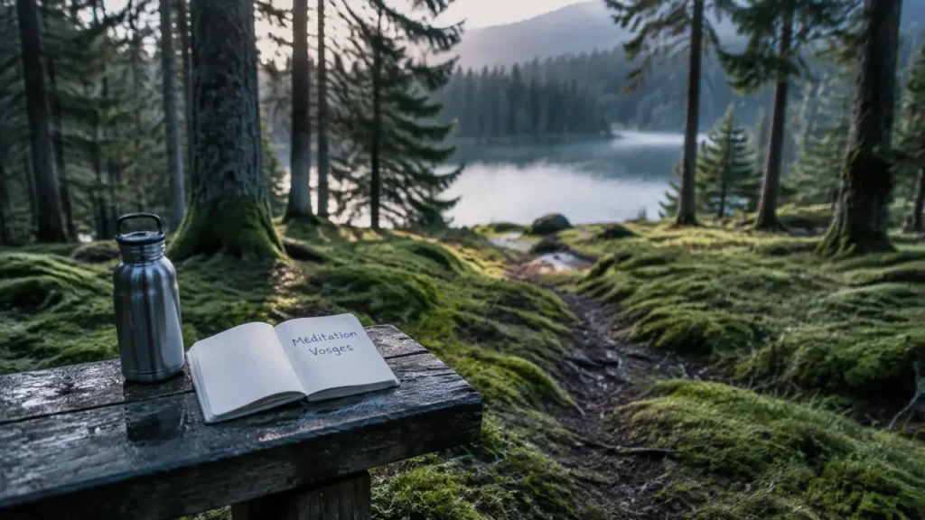 Week end méditation vosges : forêt brumeuse, mousse et banc près du lac