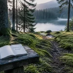 Week end méditation vosges : forêt brumeuse, mousse et banc près du lac