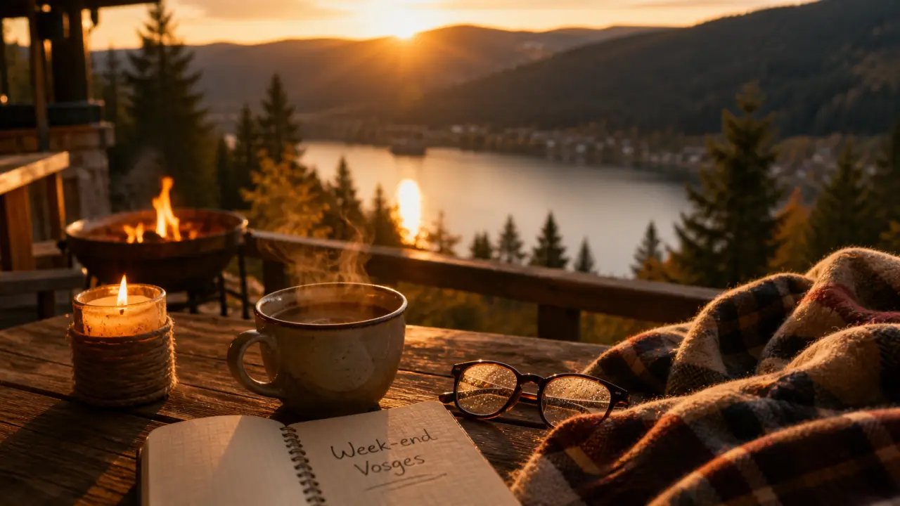 Week end romantique vosges : chocolat chaud sur terrasse au bord du lac