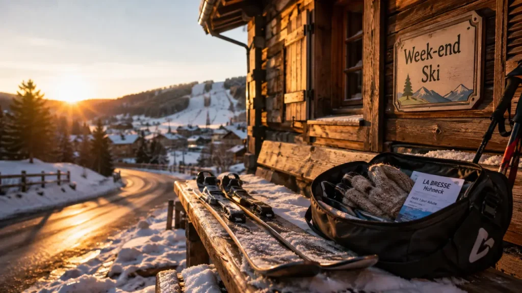 Week end ski Vosges : skis sur banc enneigé devant chalet à La Bresse