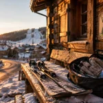 Week end ski Vosges : skis sur banc enneigé devant chalet à La Bresse