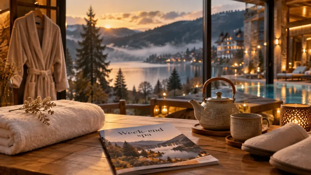 Week end spa massage tout compris Vosges, vue sur le lac et la piscine intérieure