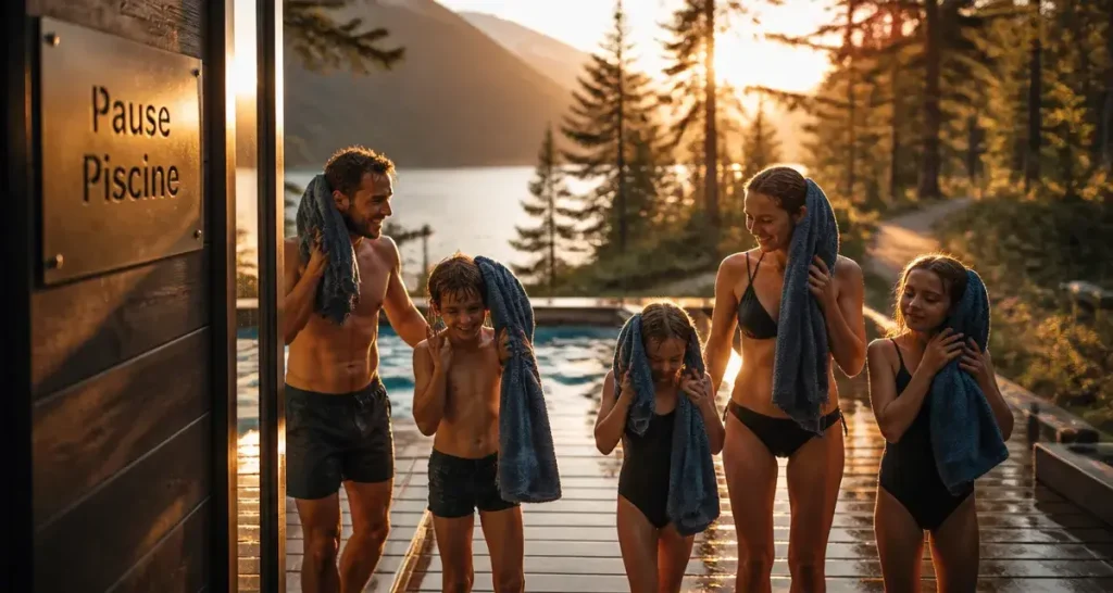 Week end vosges famille piscine : enfants et parents près de la piscine au golden hour