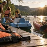 Activités nautiques vosges : gilet sur planche, pédalo et kayak sur un lac