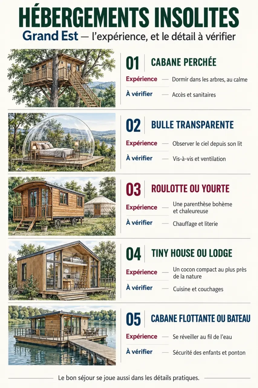 Infographie des types d’hébergement insolite dans le Grand Est et des points à vérifier