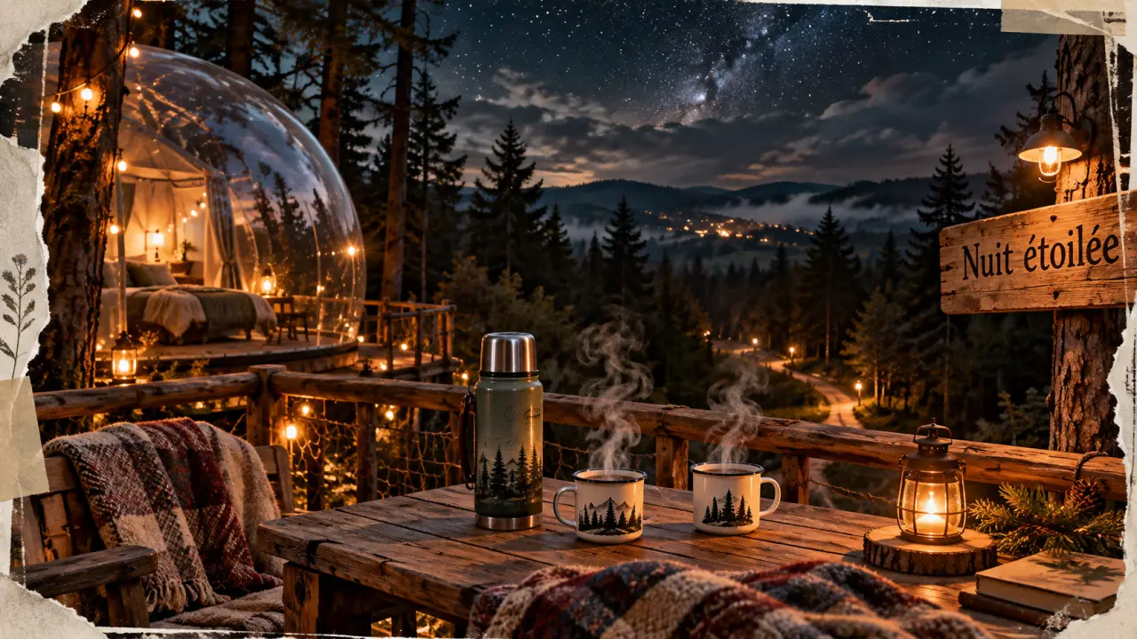Hébergement insolite grand est : cabane nuit étoilée, ciel étoilé entre les arbres.