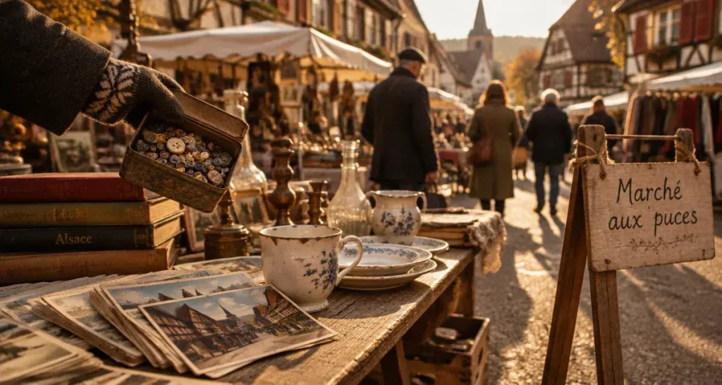 Marché aux puces dans le haut-rhin : table de vide-grenier alsacien, cartes postales et boutons anciens