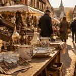 Marché aux puces dans le haut-rhin : table de vide-grenier alsacien, cartes postales et boutons anciens
