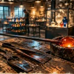 Meisenthal : atelier de verrier, canne et verre en fusion
