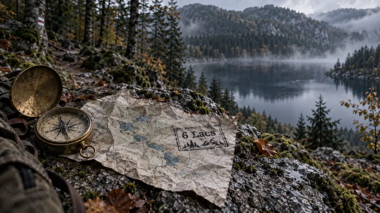 Randonnée des 6 lacs Vosges : carte et boussole près d’un lac d’altitude