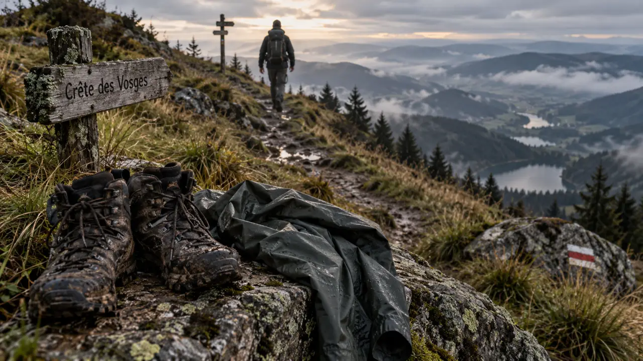 Randonnée crête des Vosges : sentier en chaume, lacs et brume