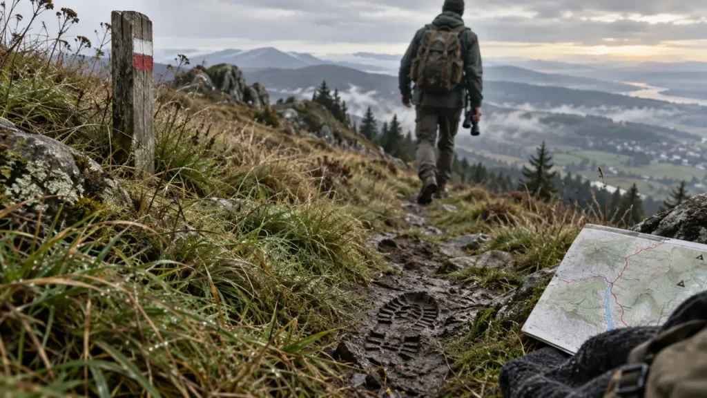 Randonnée cretes vosges sur crête vosgienne, chaume brumeuse