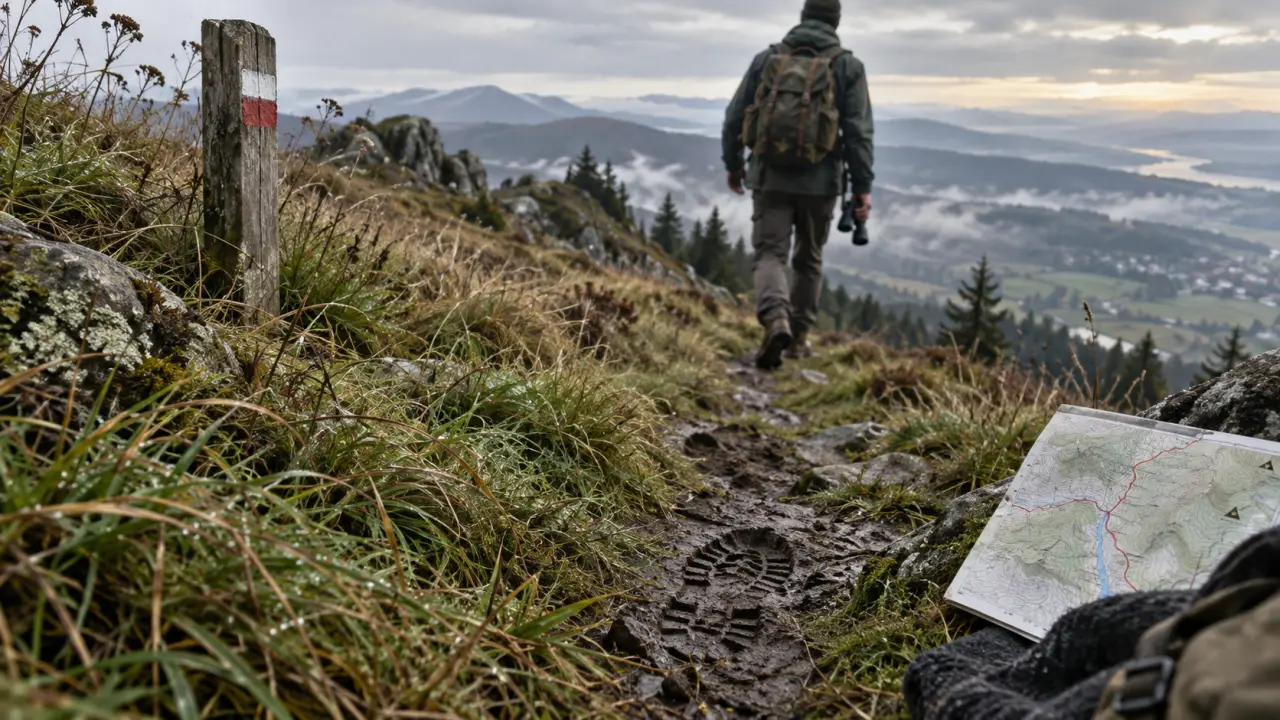 Randonnée cretes vosges sur crête vosgienne, chaume brumeuse