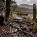 Randonnée dans les Vosges du Sud : sentier boueux vers une passerelle de tourbière