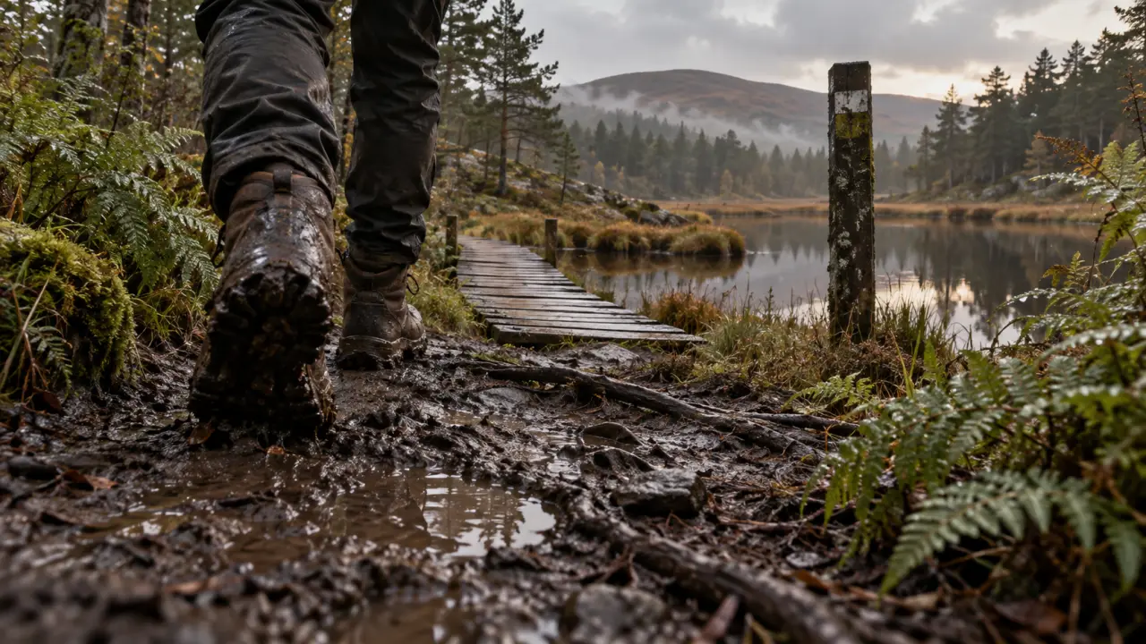 Randonnée dans les Vosges du Sud : sentier boueux vers une passerelle de tourbière