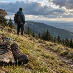 Randonnée dans les Vosges en été, chaussures et crêtes vosgiennes au sentier