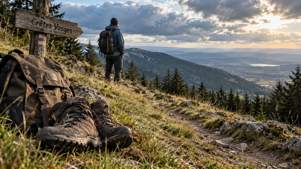 Randonnée dans les Vosges en été, chaussures et crêtes vosgiennes au sentier