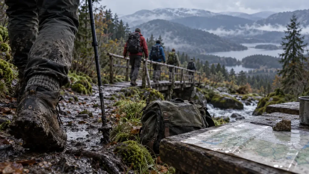 Randonnée deux jours Vosges, bottes boueuses sur sentier vers lacs et crêtes brumeuses