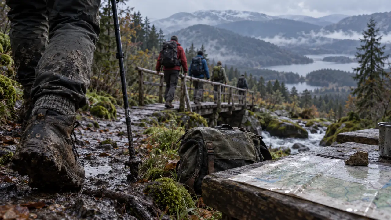 Randonnée deux jours Vosges, bottes boueuses sur sentier vers lacs et crêtes brumeuses