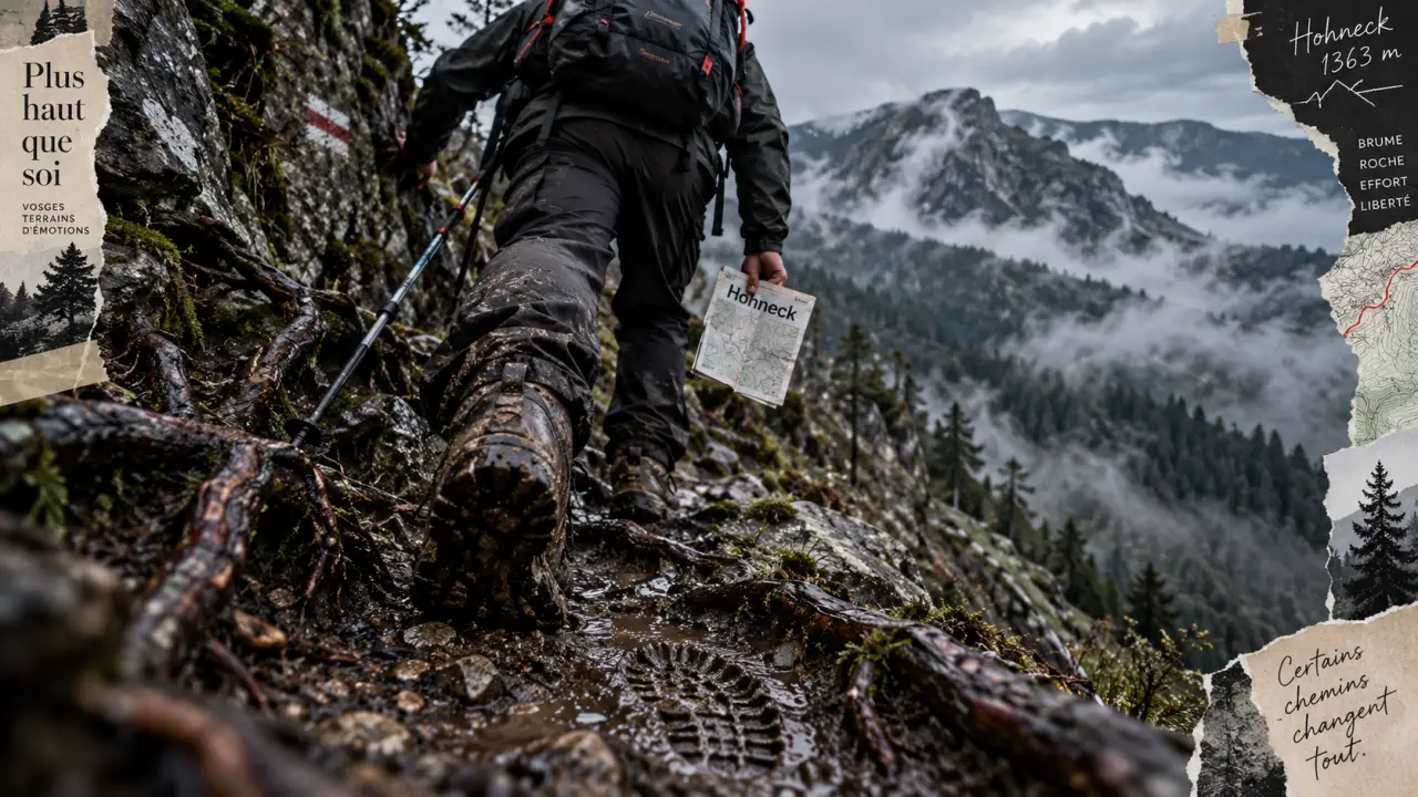 Randonnée difficile Vosges : sentier rocheux vers la crête, près des lacs