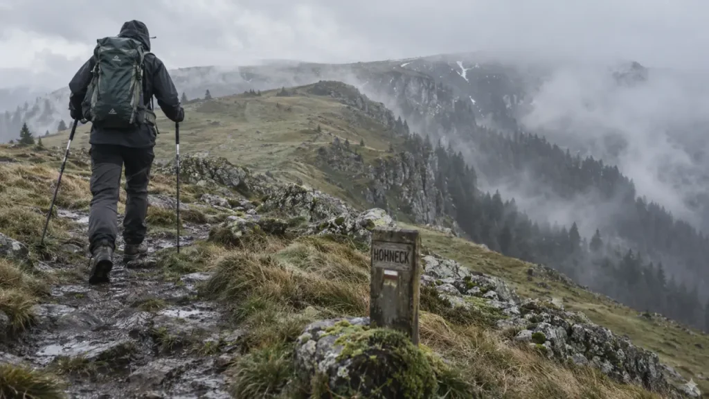 Randonnée Hohneck Vosges : randonneur sur crêtes par vent et brouillard