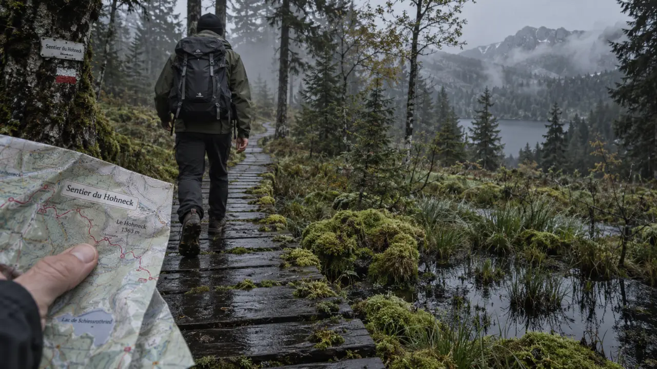 Randonnée insolite vosges : marcheur sur pont de bois dans une tourbière près du Hohneck