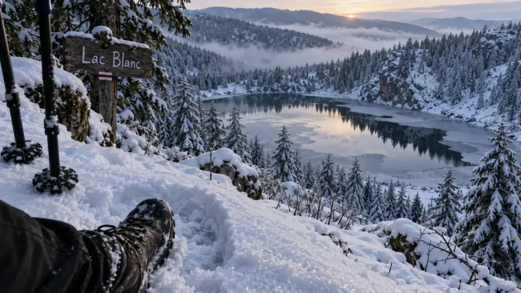 Randonnée lac blanc vosges hiver : traces dans la neige vers le lac partiellement gelé