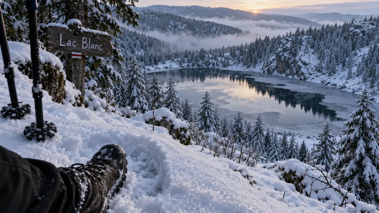 Randonnée lac blanc vosges hiver : traces dans la neige vers le lac partiellement gelé
