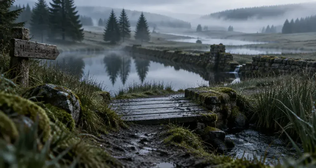 Randonnée mille étangs Vosges : sentier humide, passerelle et brume