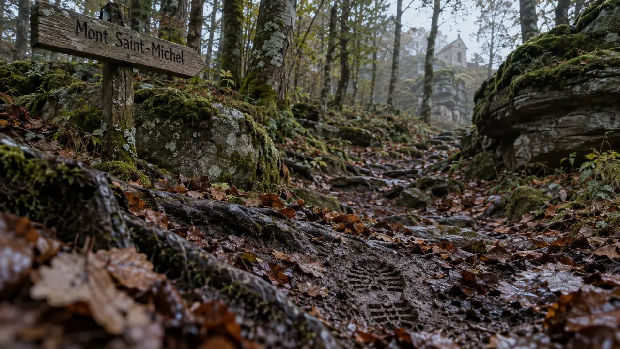 Randonnée mont saint michel alsace : sentier, feuilles humides, chapelle vers le rocher du Brotsch