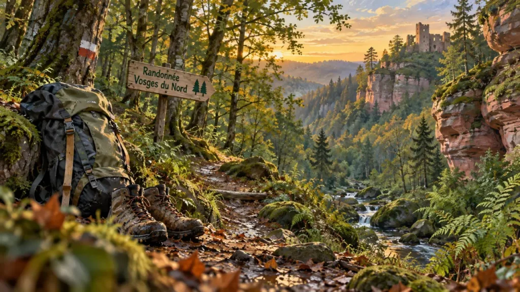 Randonnée parc naturel des Vosges du Nord : sentier et rochers de grès rose, ruine de château