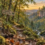 Randonnée parc naturel des Vosges du Nord : sentier et rochers de grès rose, ruine de château