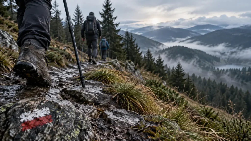 Randonnée pédestre Alsace Vosges : chaussures et sentier de crête dans les Vosges