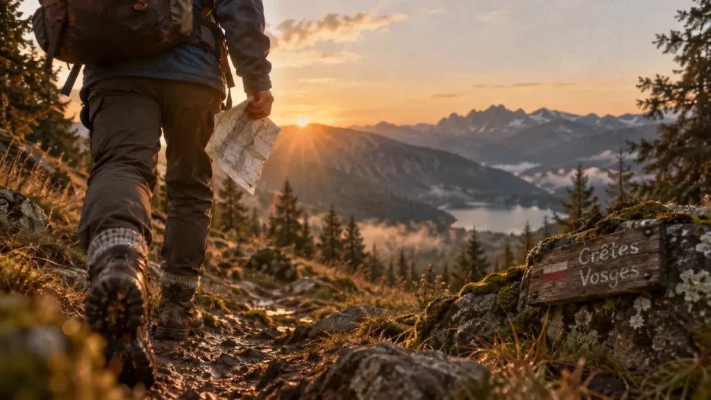 Randonnée pédestre dans les Vosges : crêtes et lac glaciaire au golden hour