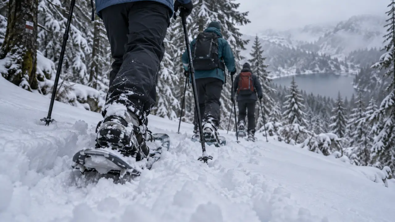 Randonnée raquette Vosges Lac Blanc : randonneurs en forêt sur neige