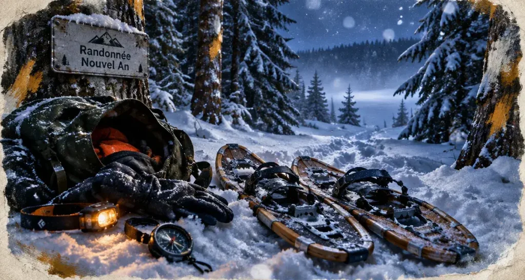 Randonnée raquette Vosges Nouvel An en neige, sapins givrés