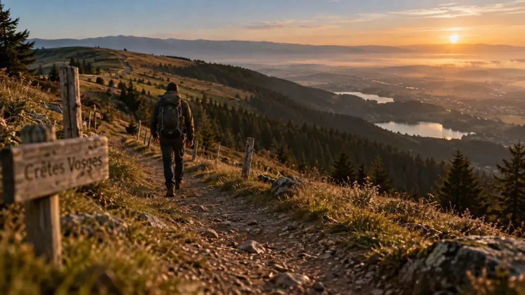 Randonnée sentier des crêtes Vosges, chemin sur crête au coucher du soleil