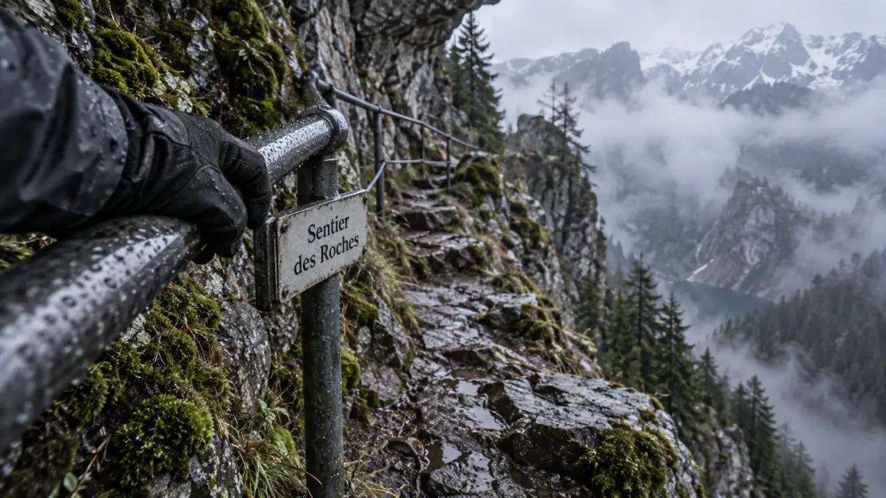 Randonnée sentier des roches vosges : passage aérien sur roche humide