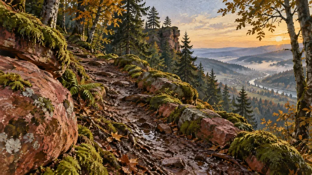 Randonnée st die vosges : sentier boueux sur rochers de grès