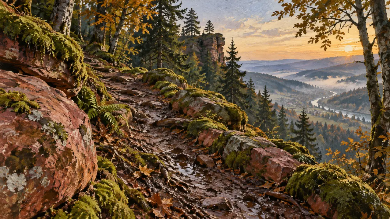 Randonnée st die vosges : sentier boueux sur rochers de grès