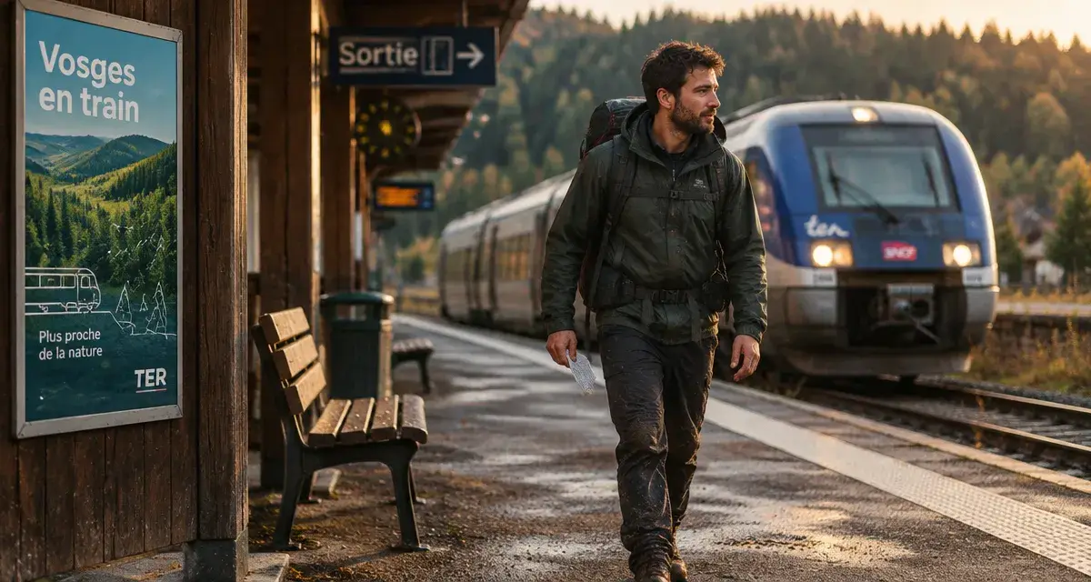 Randonnée Vosges train : marcheur près du quai, départ TER vers les Vosges sans voiture
