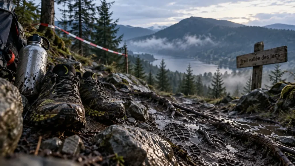 Chaussures de trail boueuses sur le sentier du trail de la vallée des lacs, Vosges