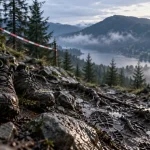 Chaussures de trail boueuses sur le sentier du trail de la vallée des lacs, Vosges